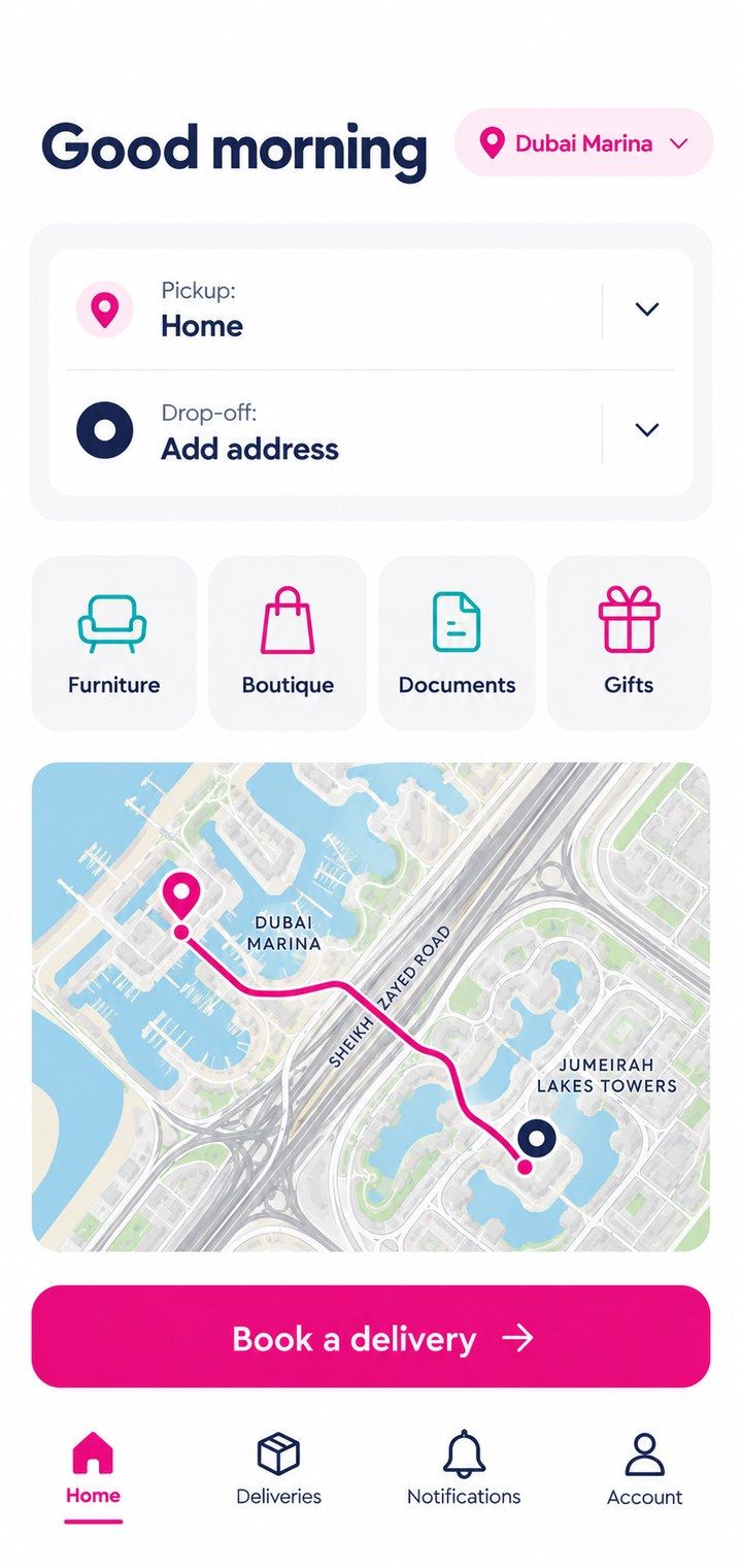 Zouba app home screen with pickup, drop-off and categories