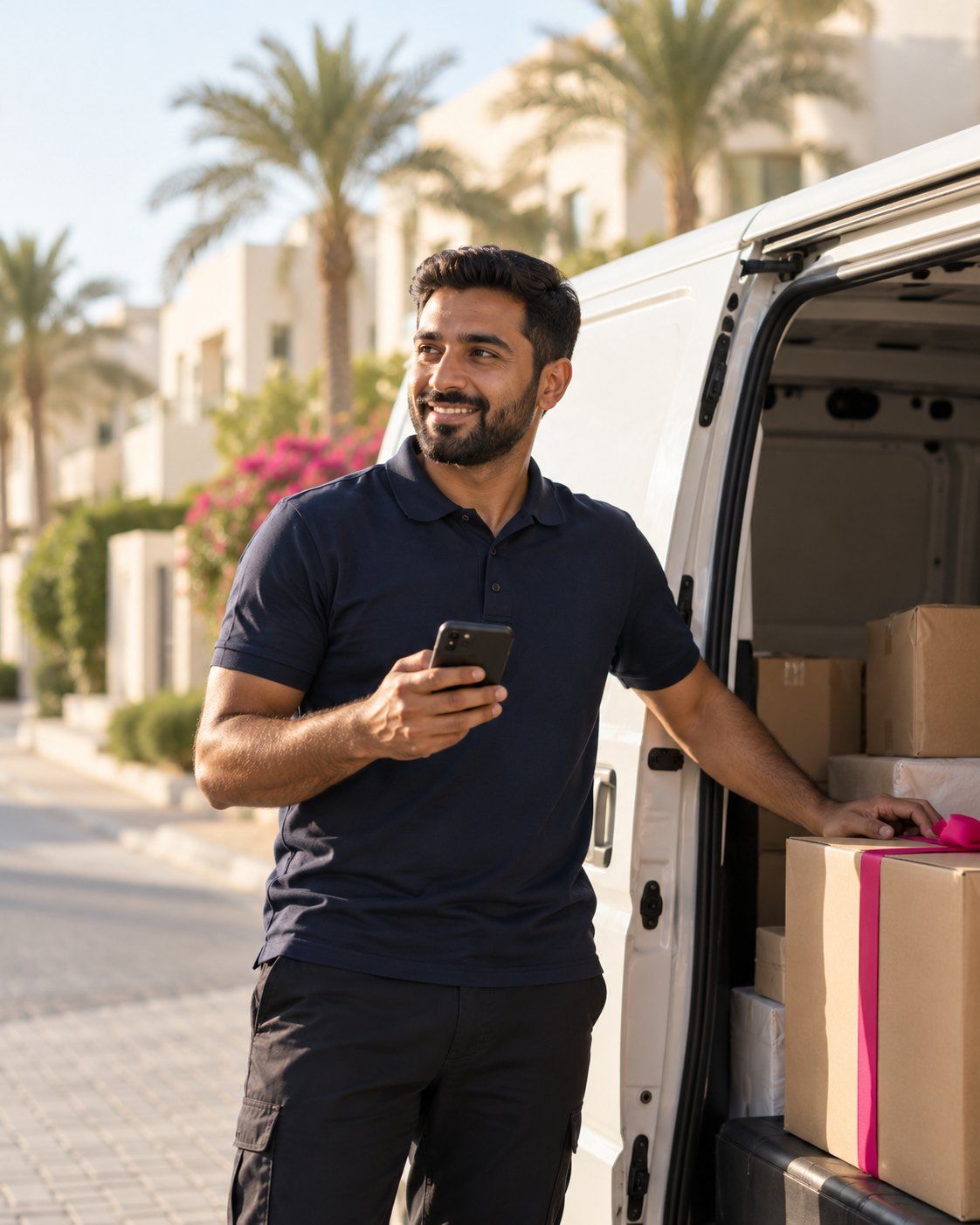 A Zouba driver beside an open van on a Dubai street